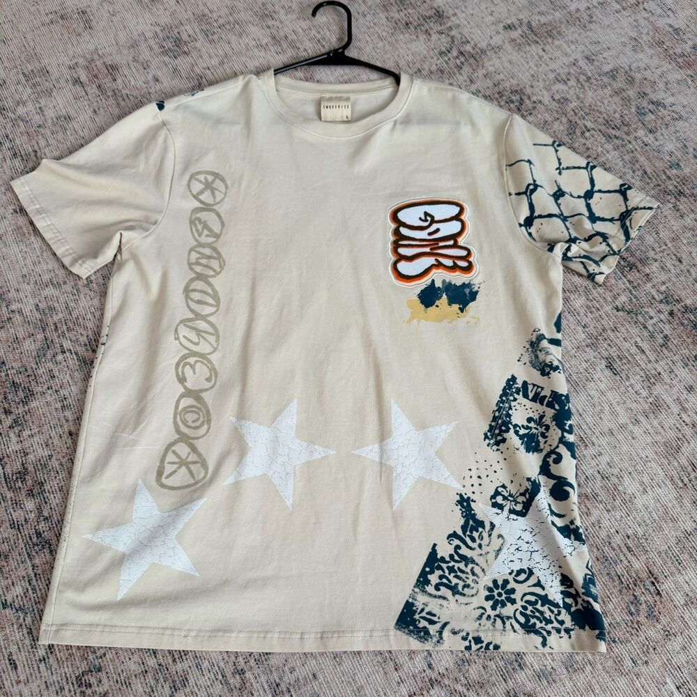 Smokerise Beige Graphic Print Tee Embroidered Distressed Mens Large Crew Neck